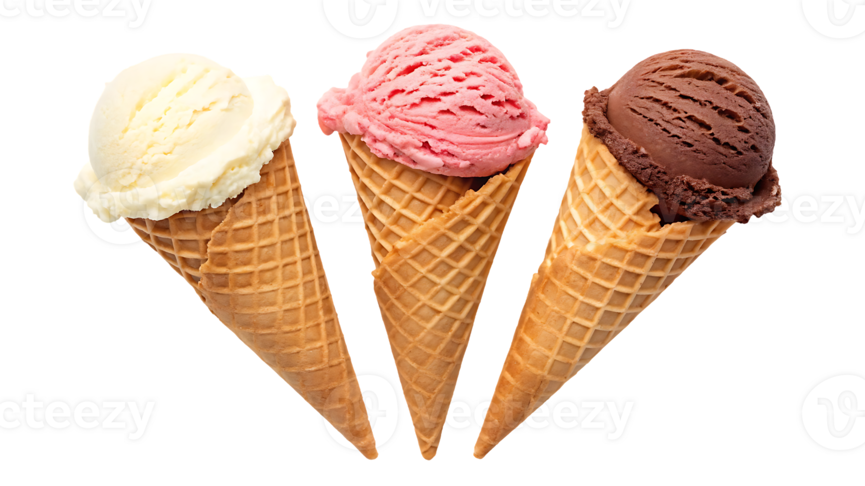 Three scoops of ice cream in waffle cones. png