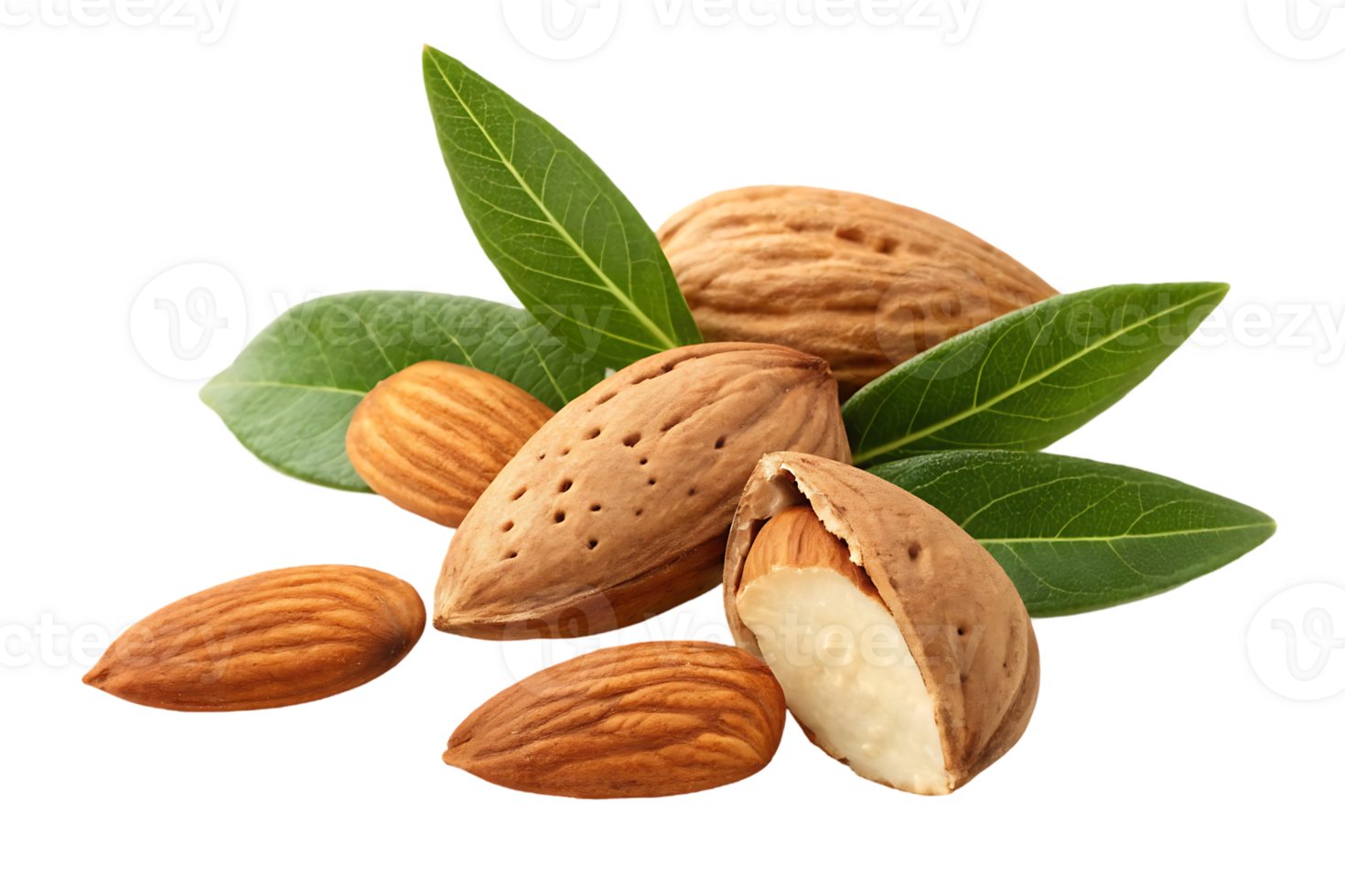 Close up of almonds with leaves png