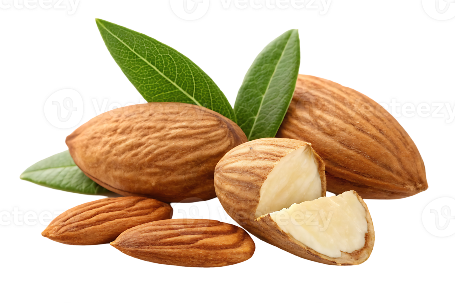 Close up of almonds with leaves. Healthy snack, nutritious food. png
