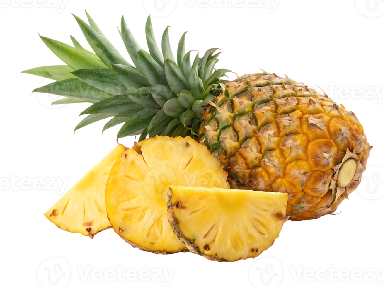 Fresh pineapple fruit with slices isolated on black background. png