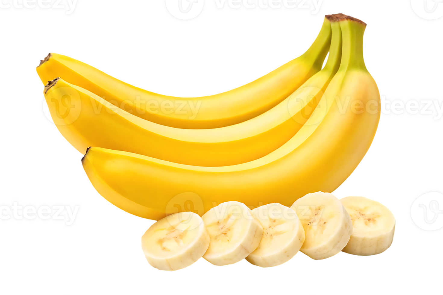 Three ripe yellow bananas with slices. Healthy fruit, tropical, vitamin. png