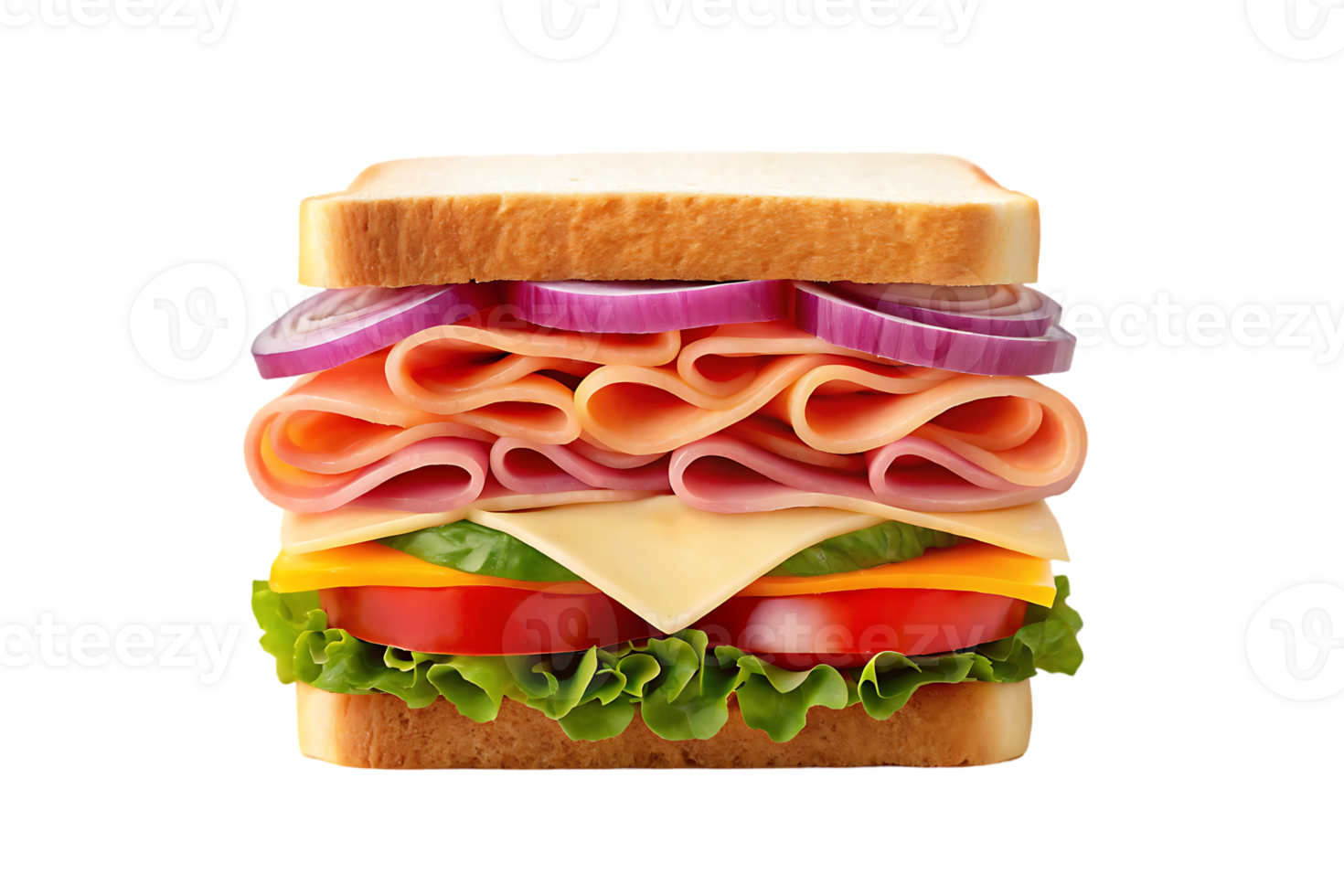 Close up of a layered sandwich with ham, cheese, tomato, onion, and lettuce. png
