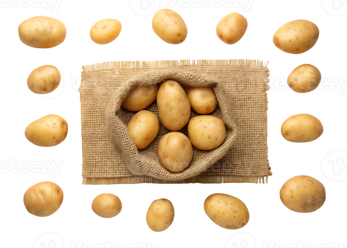 Potatoes in burlap sack, overhead view. png