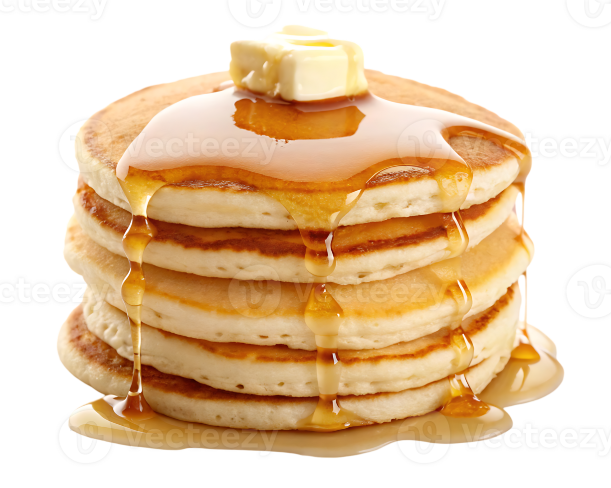 Stack of pancakes with butter and syrup. png