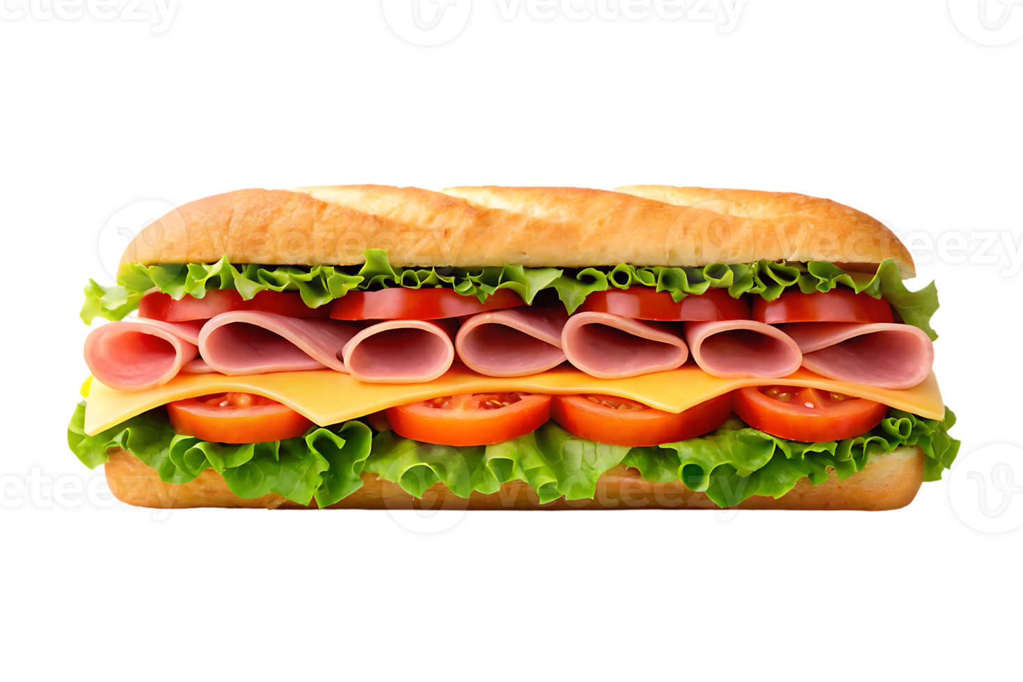 Close up of a tasty sub sandwich with ham, cheese, lettuce, and tomato. png