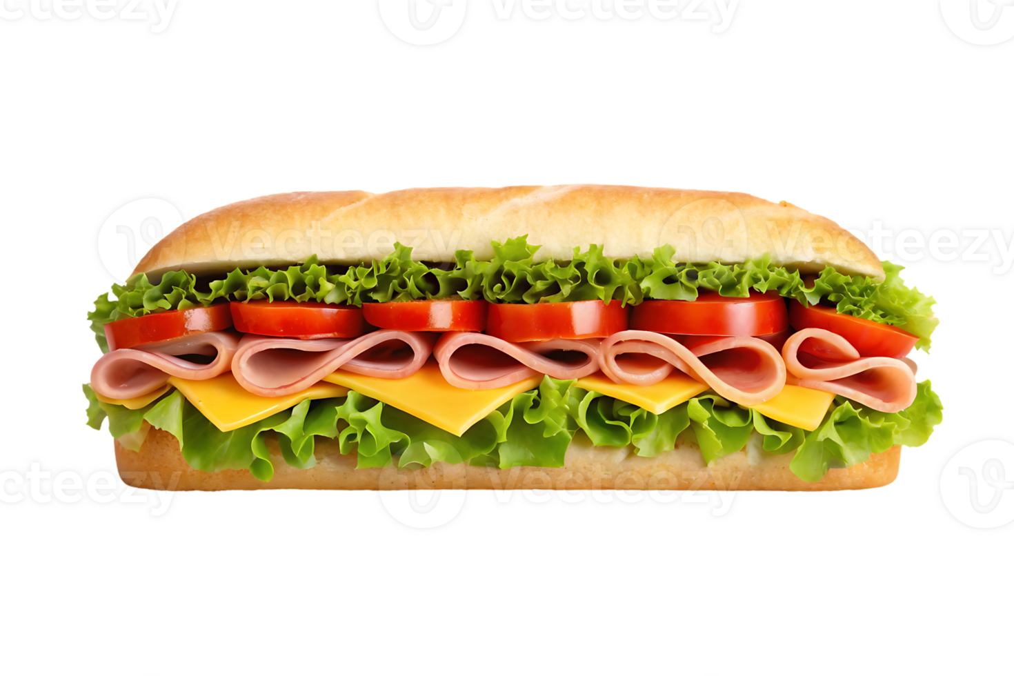 Delicious ham and cheese sub sandwich on a long roll with lettuce and tomato. png