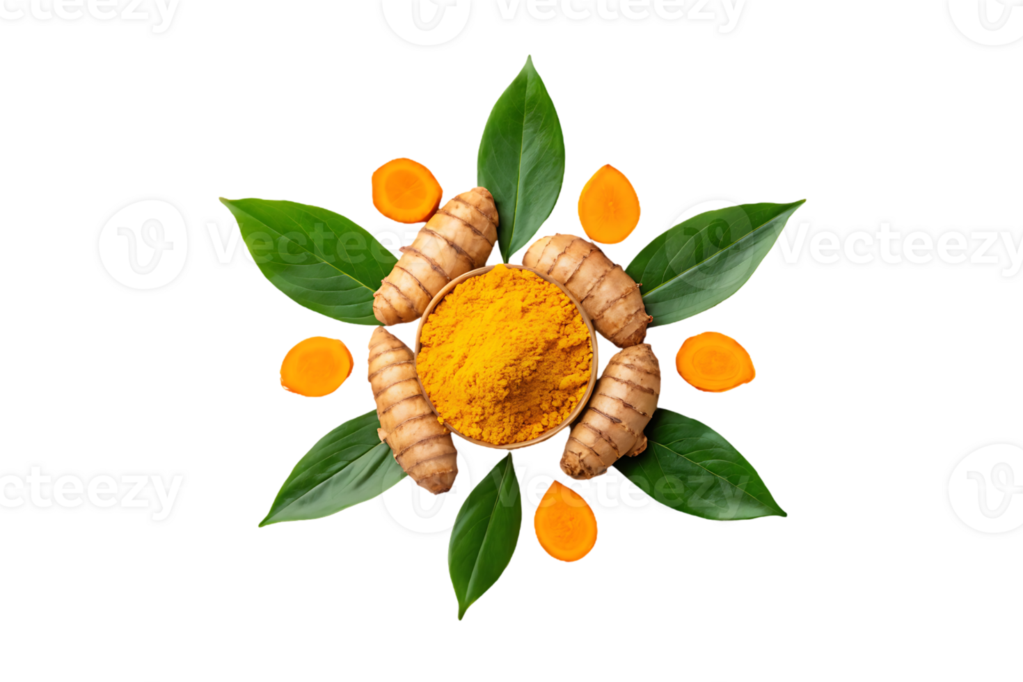 Turmeric roots and powder arranged artistically with leaves. png