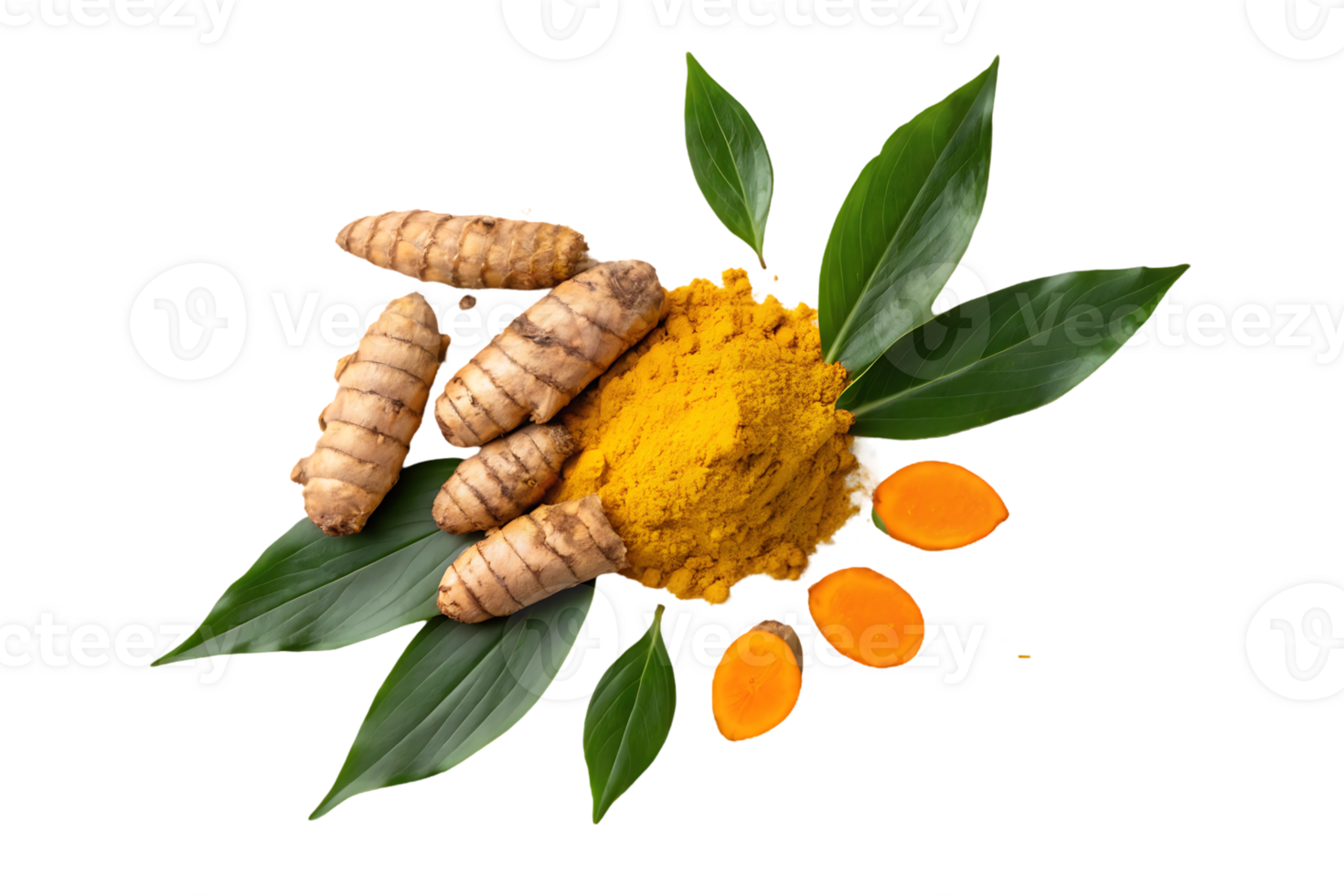 Turmeric roots, powder, and leaves. png