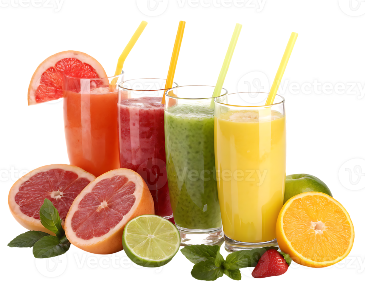 Assortment of fresh fruit juices in glasses with fruit slices. png