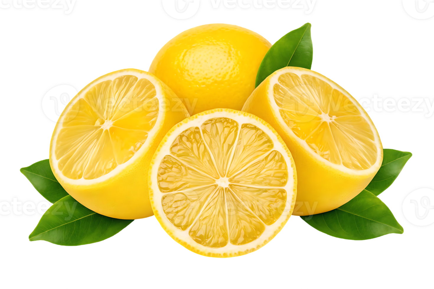 Fresh lemons with green leaves isolated on black background. png