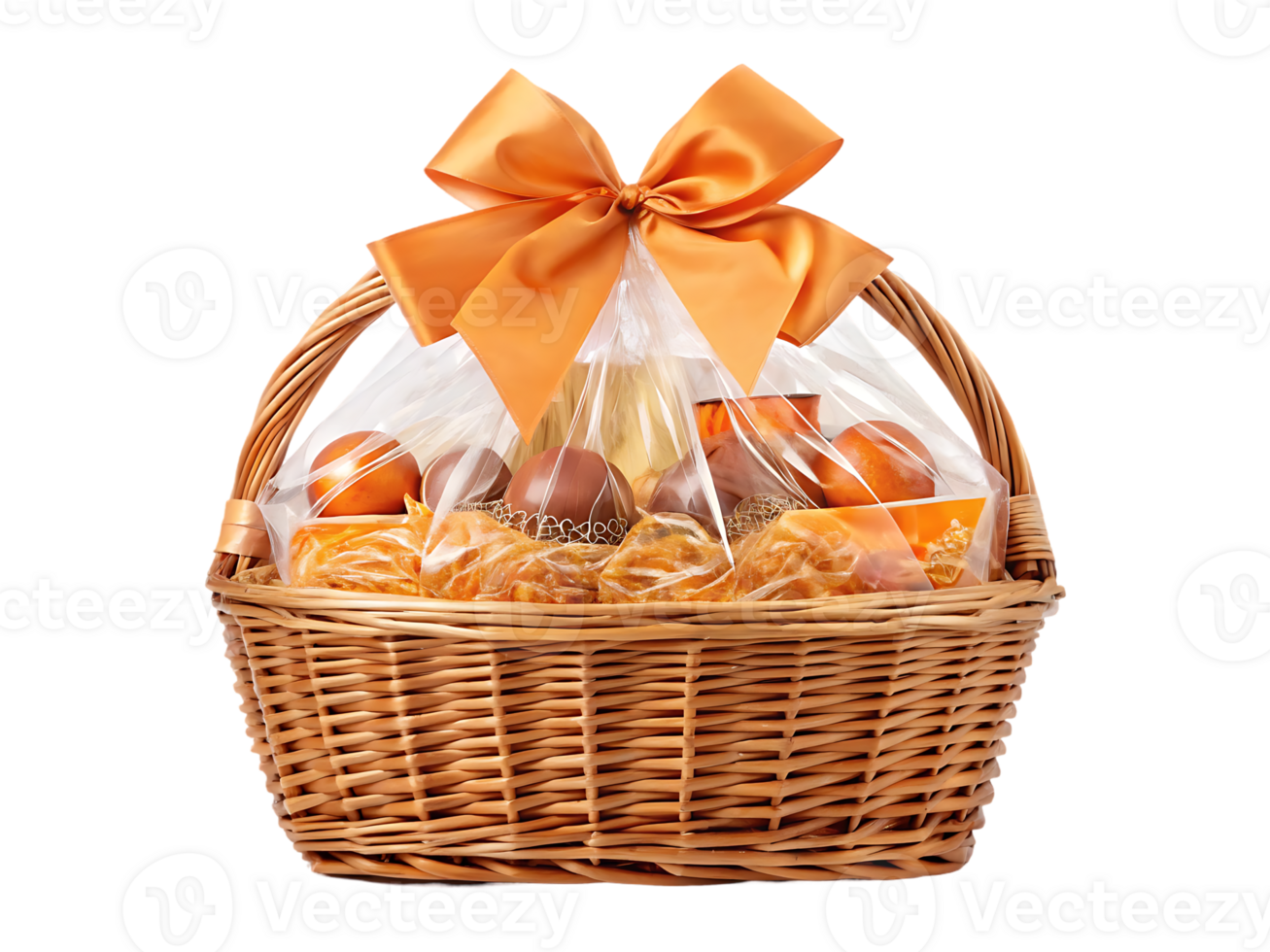 A beautiful wicker gift basket filled with chocolates and other treats, tied with an orange ribbon. png