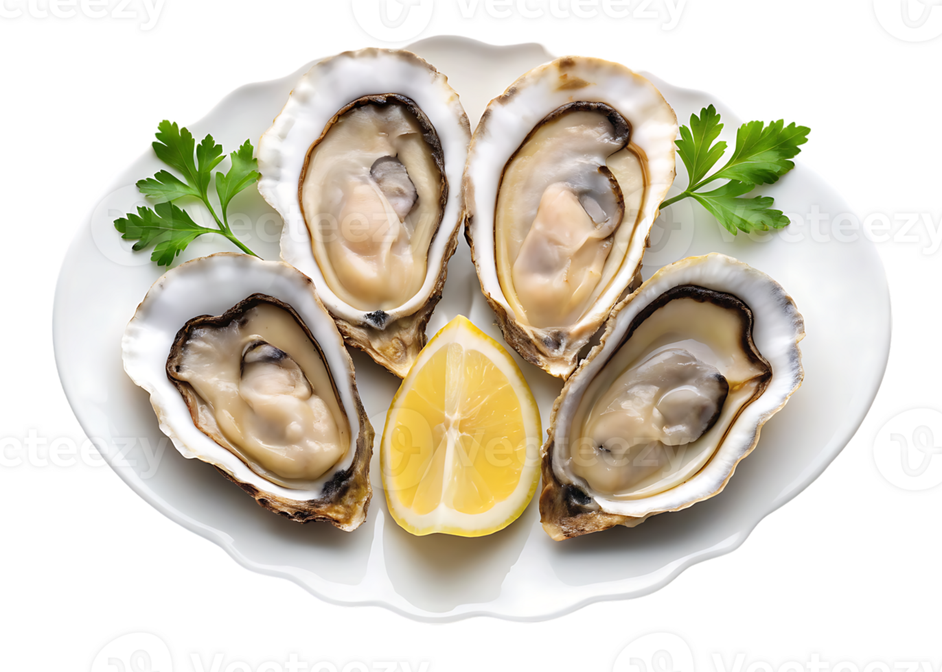 Four fresh oysters on the half shell with lemon and parsley. png