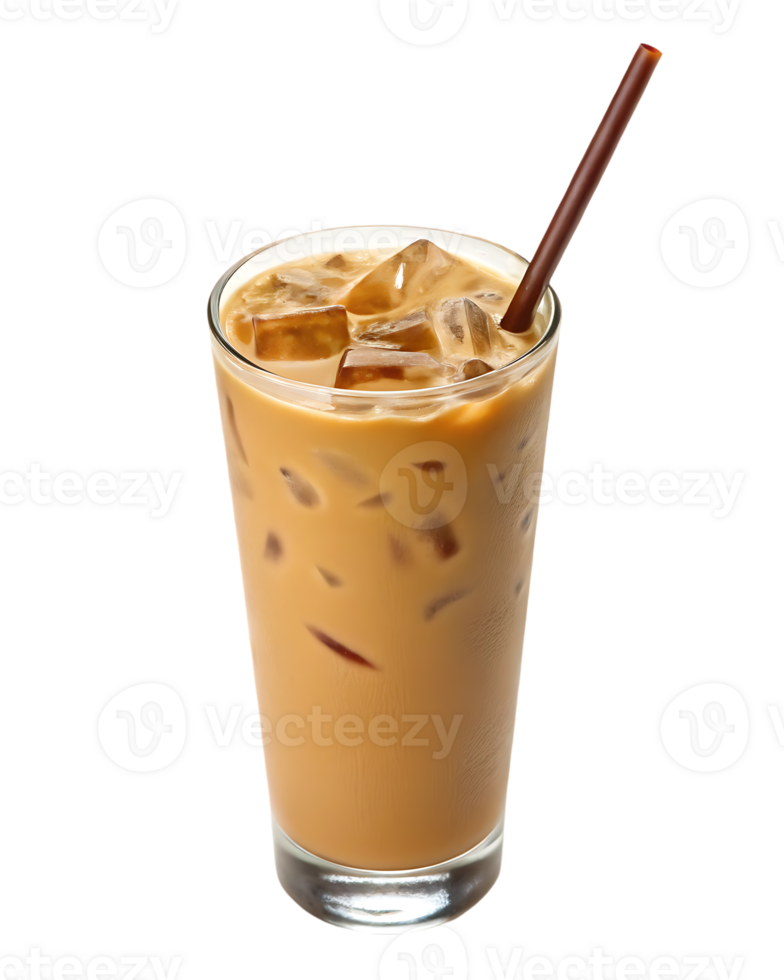 Refreshing iced coffee in a glass with ice cubes and a straw png