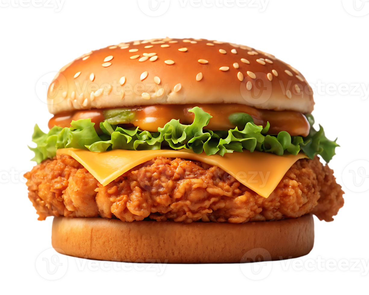 Delicious crispy chicken burger with cheese and lettuce. png