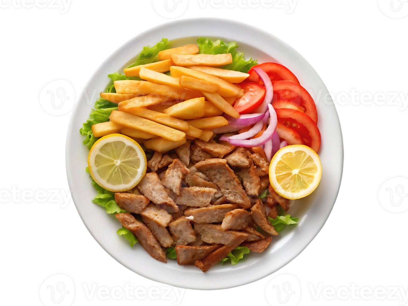 Delicious gyros plate with fries, tomatoes, onions, and lemon. png