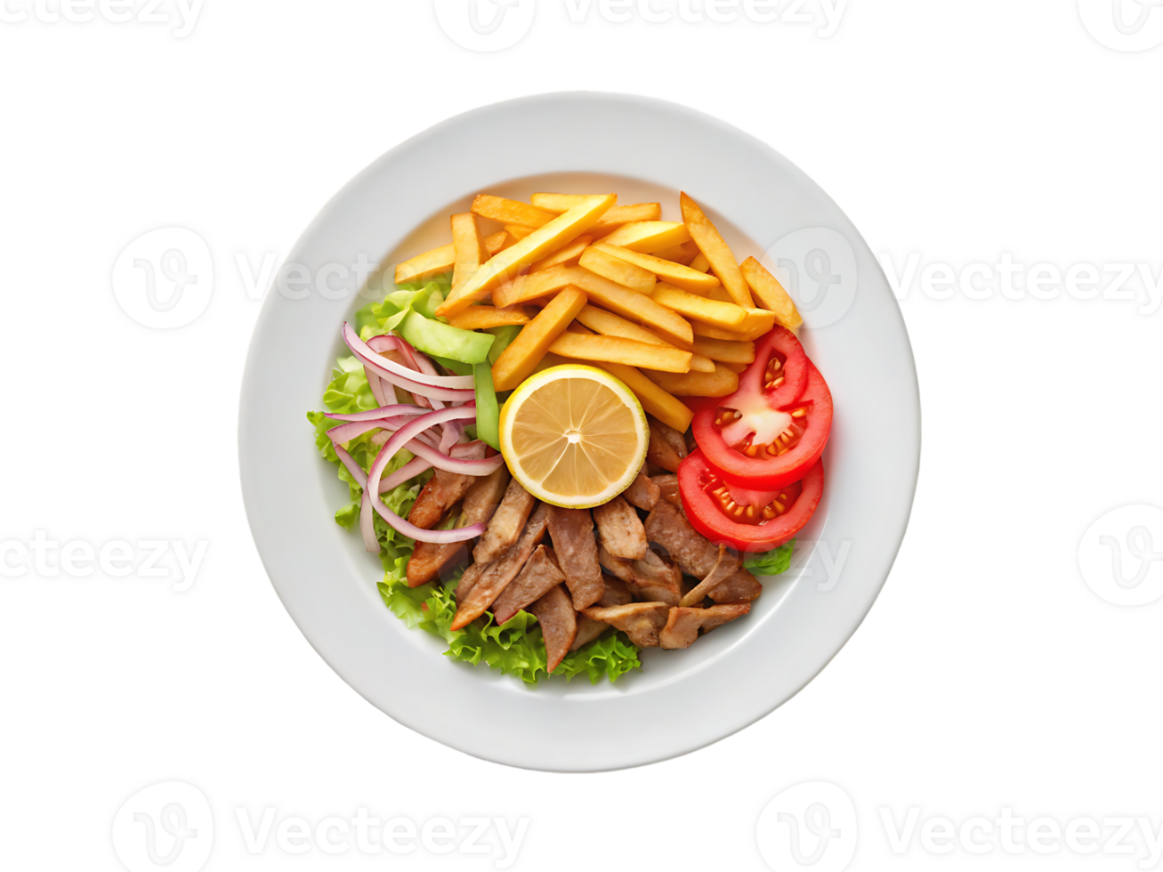 Overhead view of a gyro plate with fries, salad, and lemon. png
