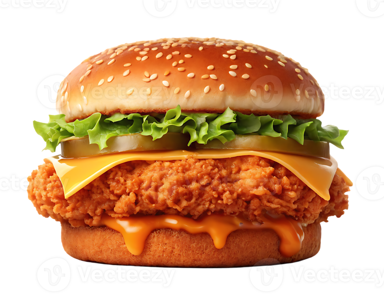 Juicy crispy chicken burger with cheese, lettuce, and pickles. png
