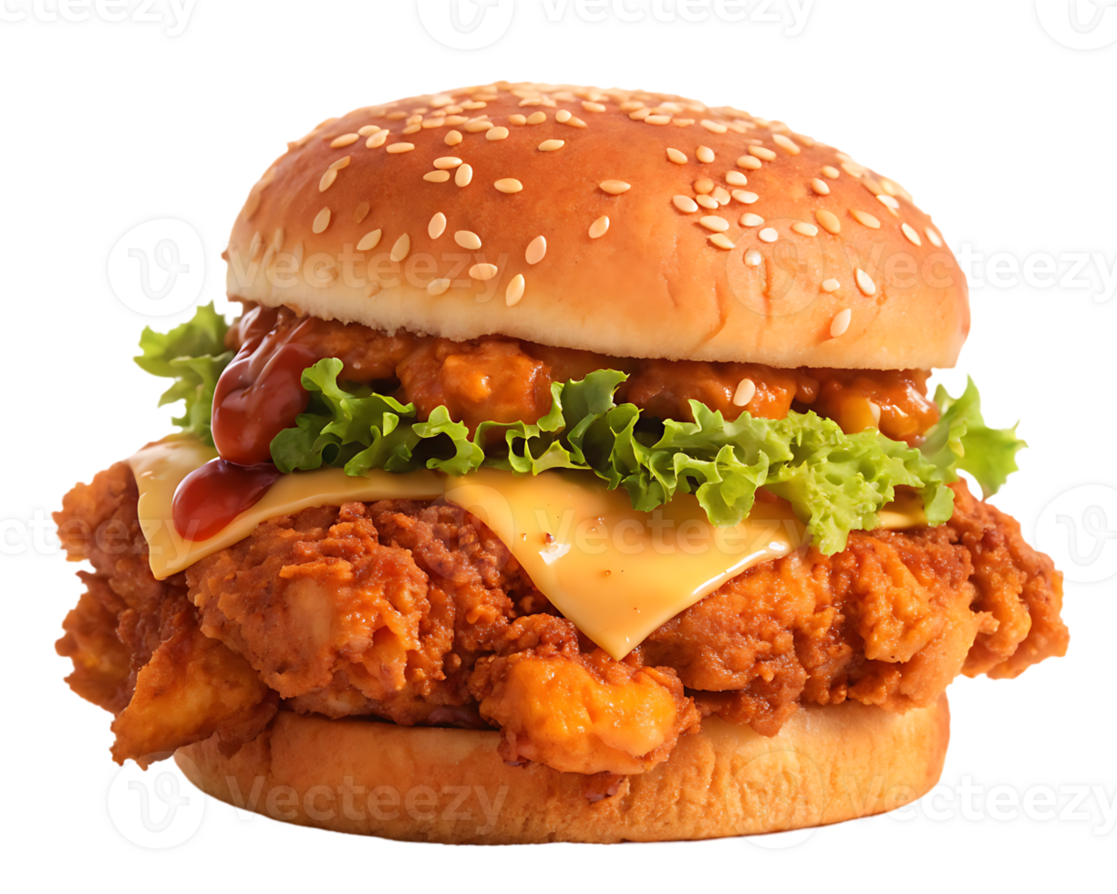 Juicy crispy chicken burger with cheese and sauce. png