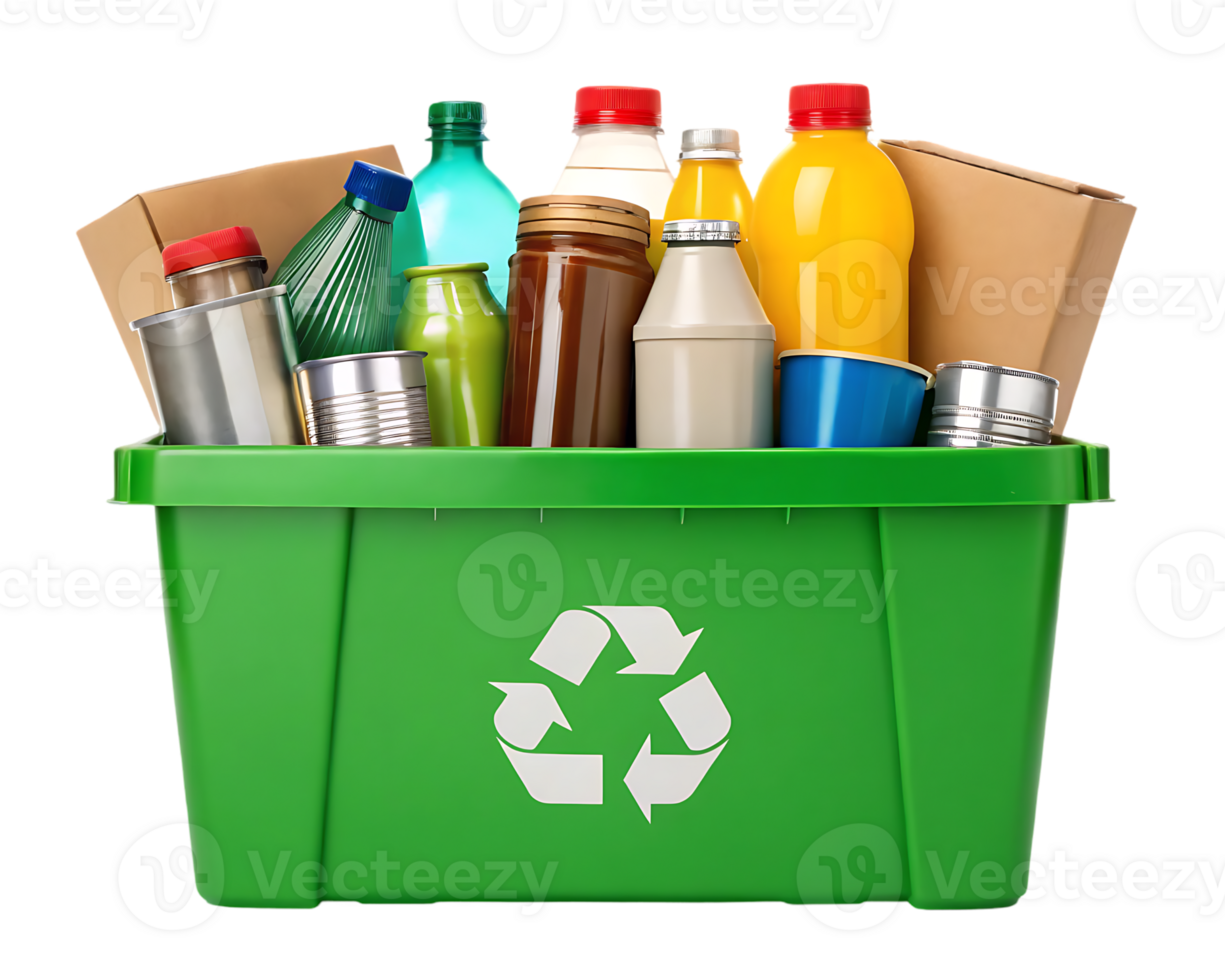 Green recycling bin full of various recyclable materials, png