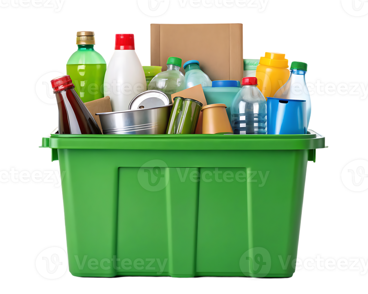 Green recycling bin full of various recyclable materials. png