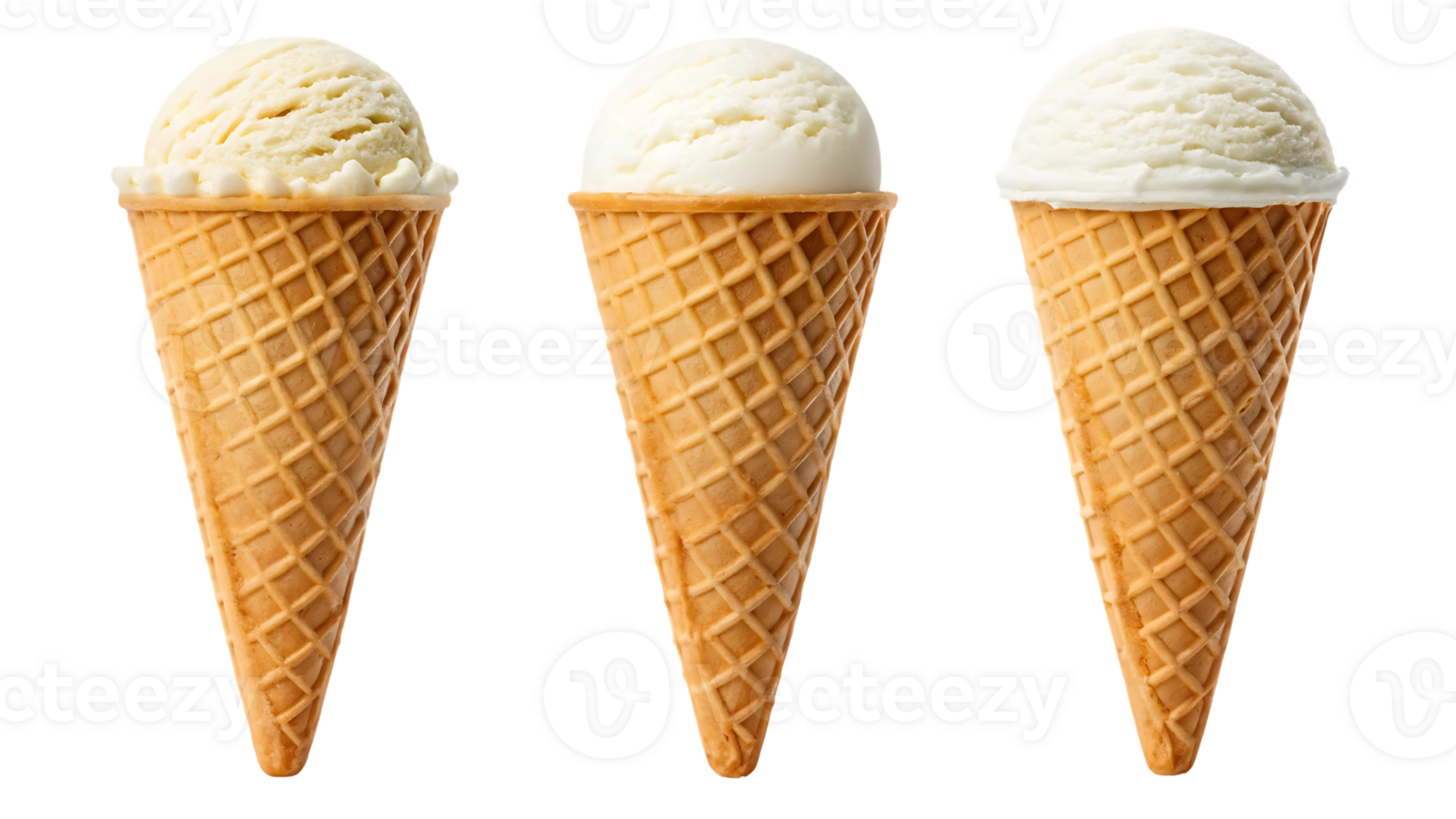 Three scoops of vanilla ice cream in waffle cone png