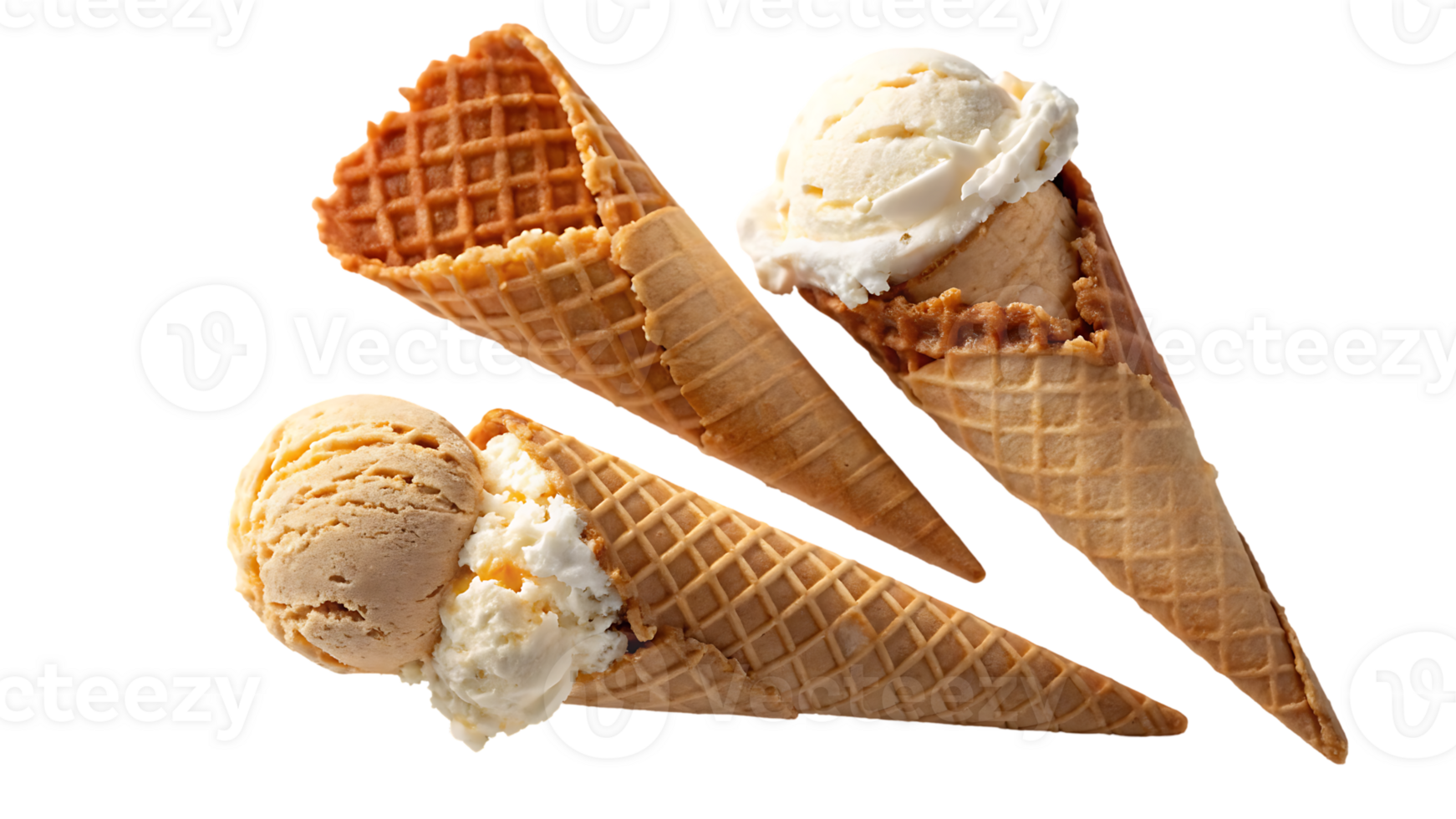 Three ice cream cones with vanilla and caramel ice cream. png