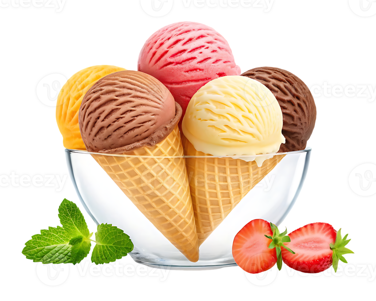 Four scoops of delicious ice cream in waffle cones png