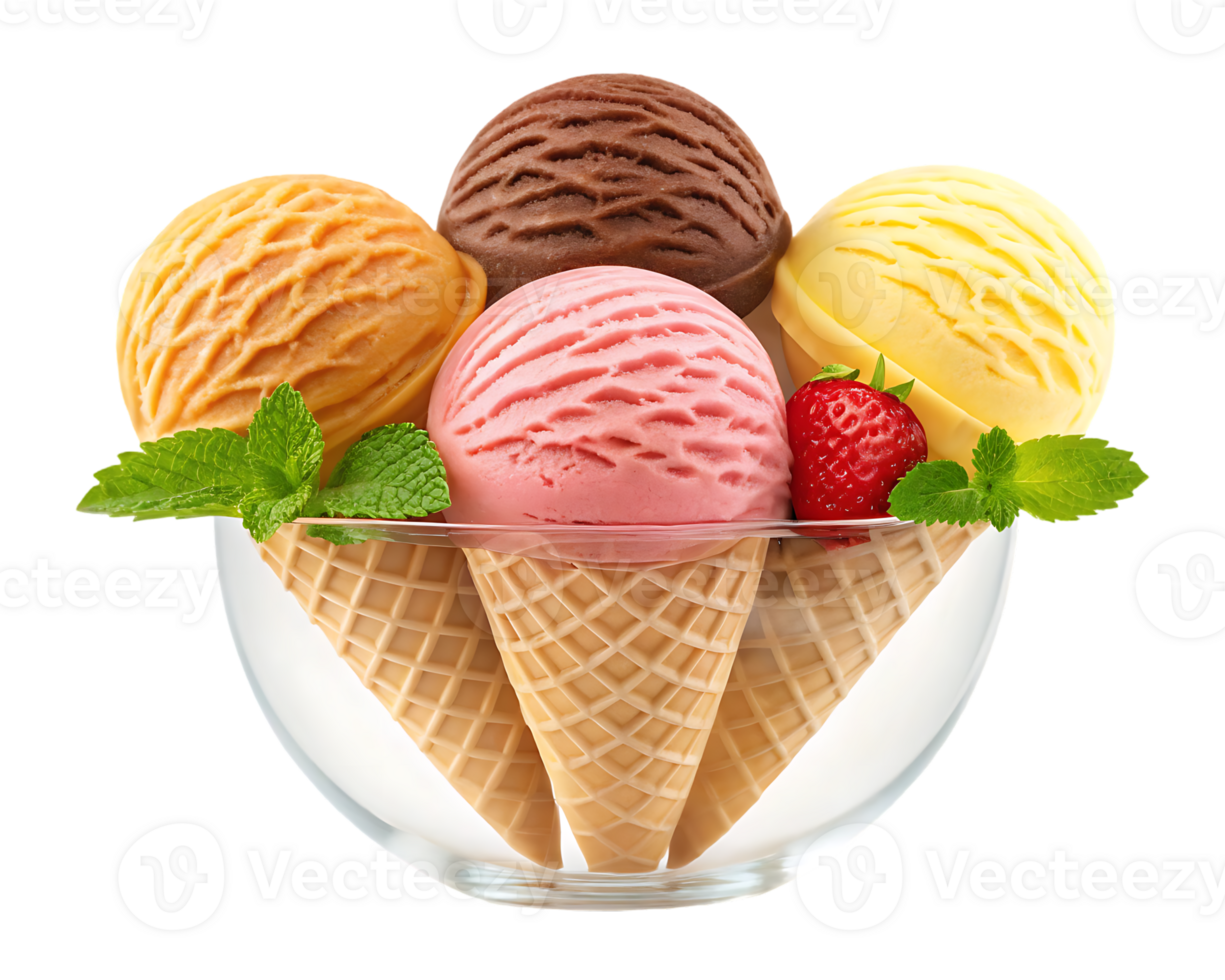 Four scoops of delicious ice cream in waffle cone png