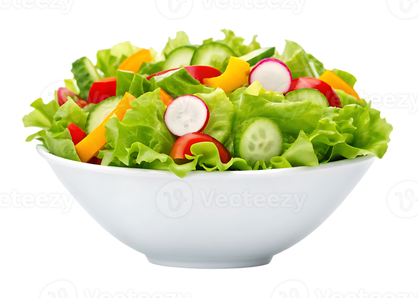 Fresh vegetable salad in a white bowl. png