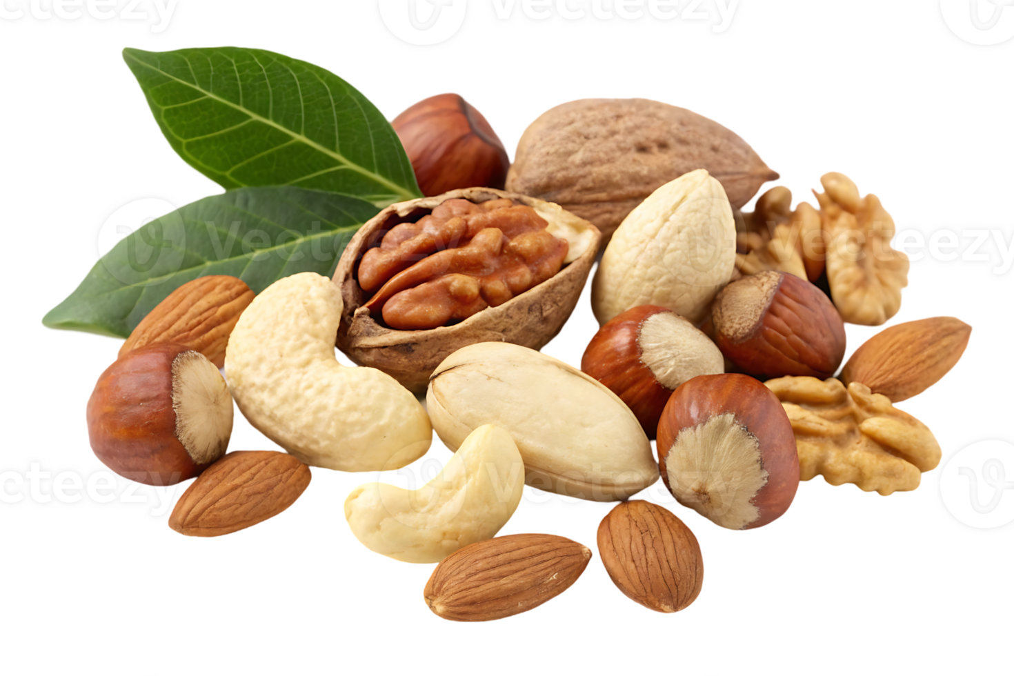 Assorted nuts and leaves. Healthy snack, vegetarian food. png