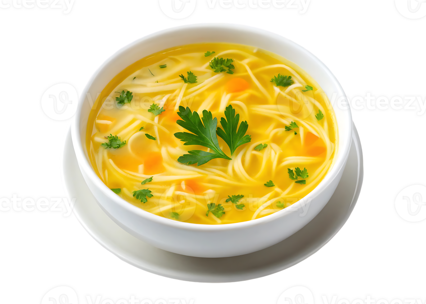 A bowl of delicious chicken noodle soup, garnished with fresh parsley. png