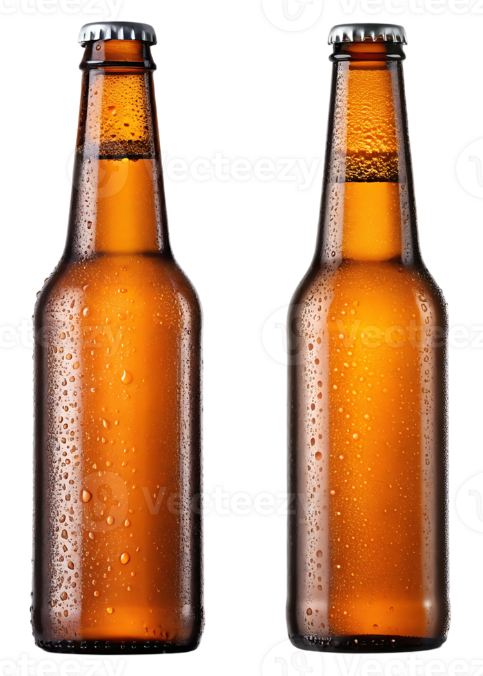 Two bottles of beer with condensation. png