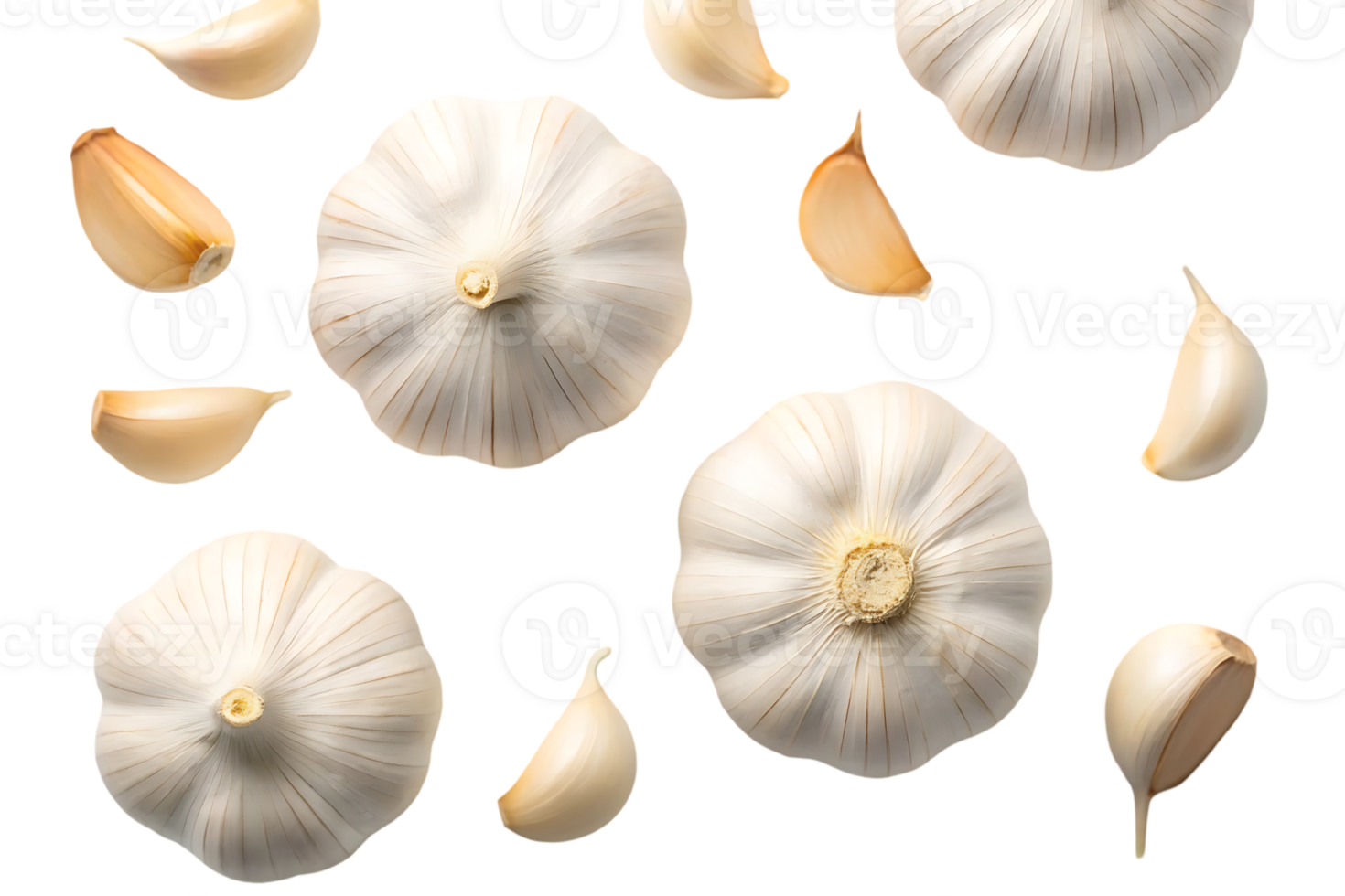 Overhead shot of whole garlic bulbs and cloves. png