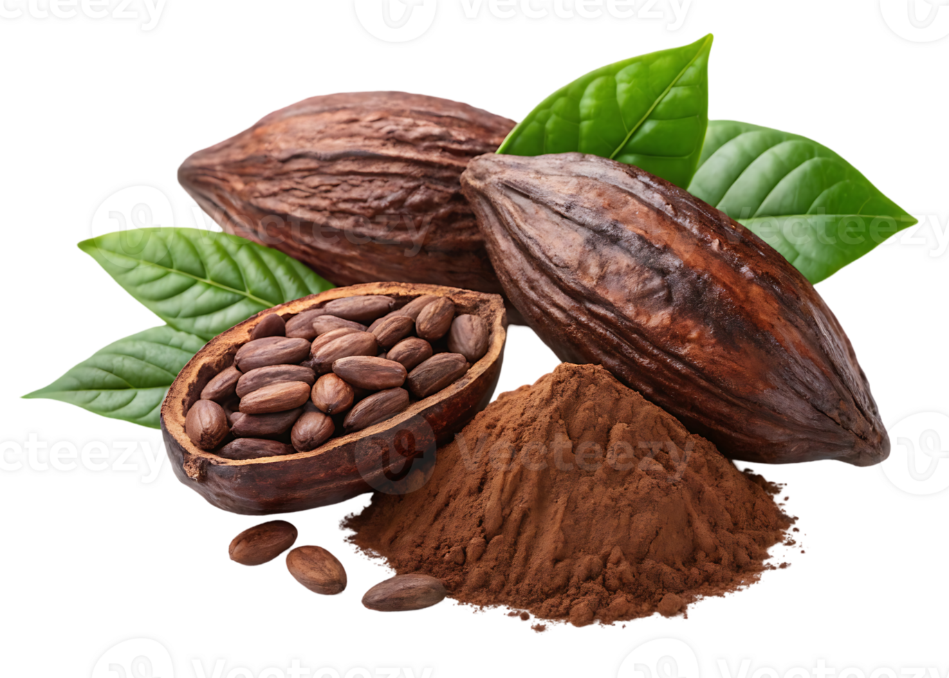 Cocoa beans, pods, and powder. Chocolate ingredient. png