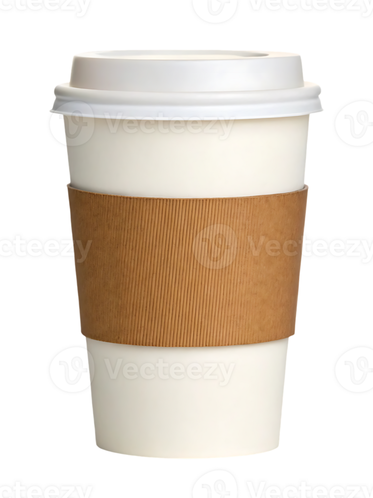 Disposable coffee cup with lid and sleeve. Perfect for cafe, coffee shop, or takeaway. png