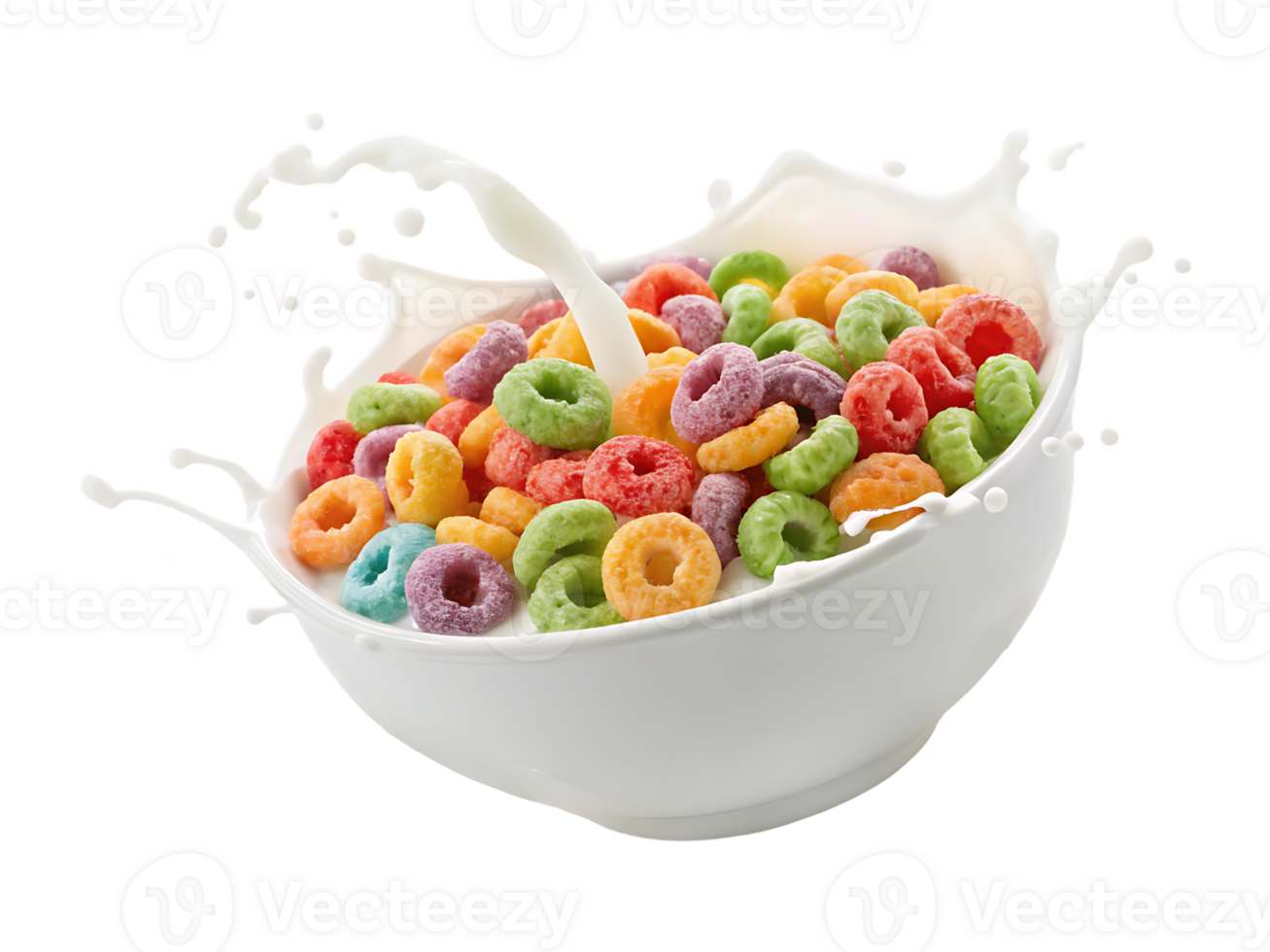 Colorful cereal rings in a bowl with milk splash. png
