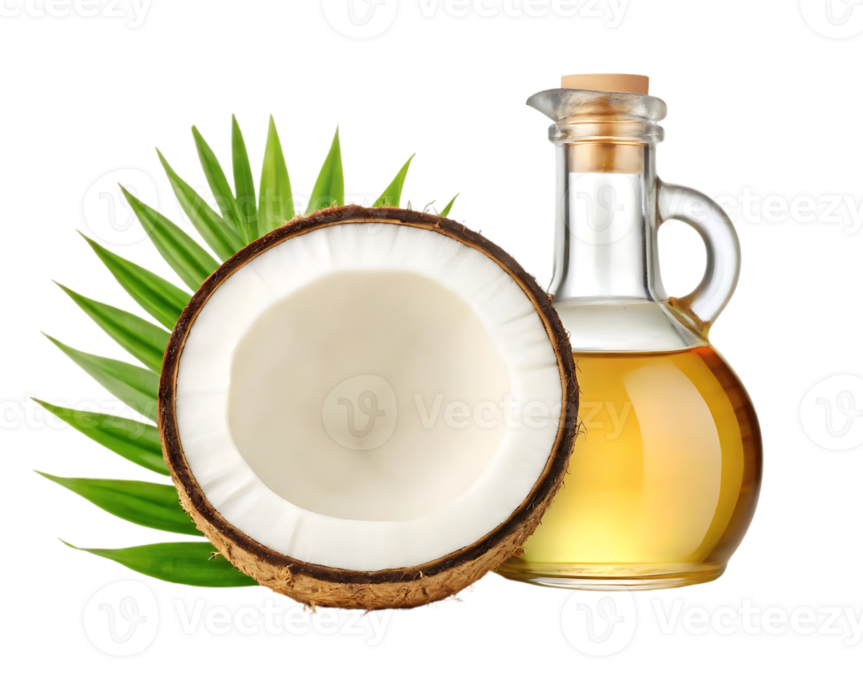 Half coconut and bottle of coconut oil. Healthy cooking, beauty, and wellness. png