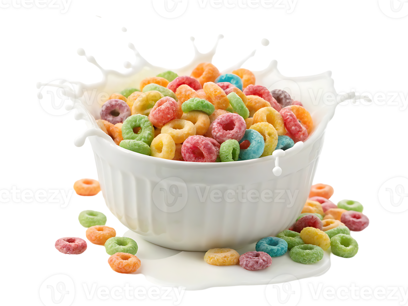 Colorful cereal rings in a bowl with milk splash png