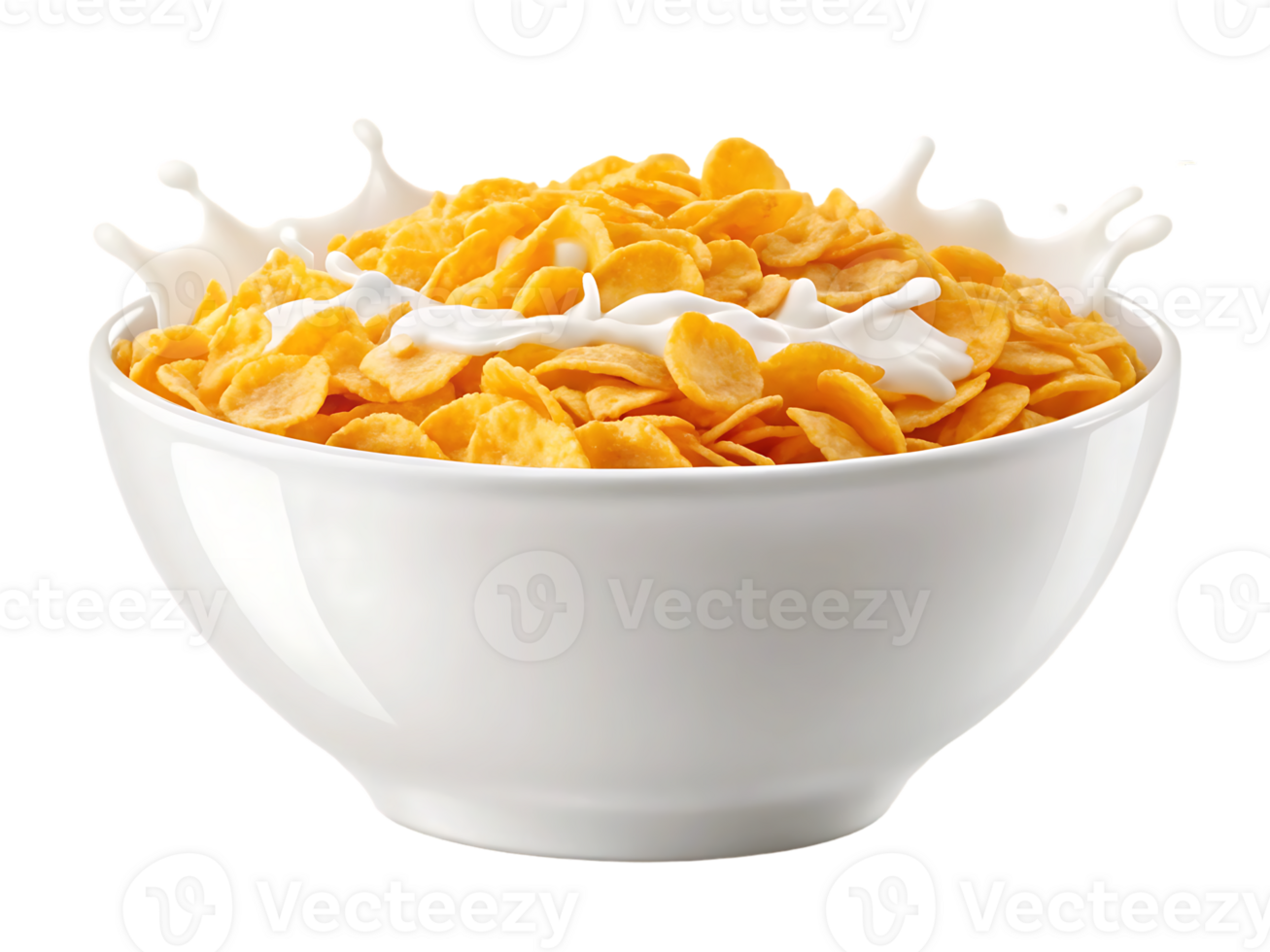Bowl of cornflakes with milk splash png