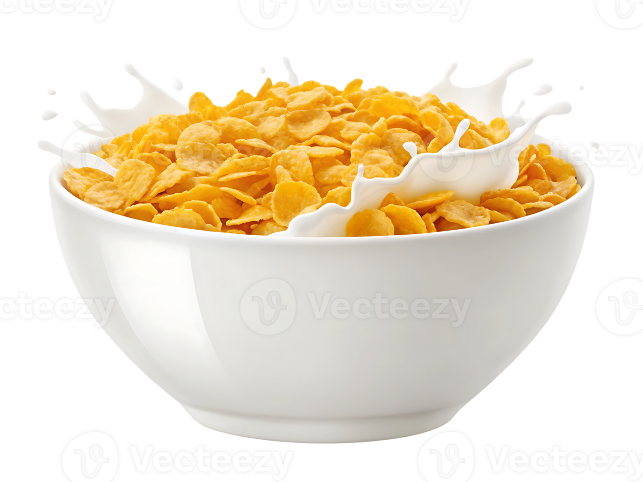 Bowl of cornflakes with milk splashing, breakfast cereal png