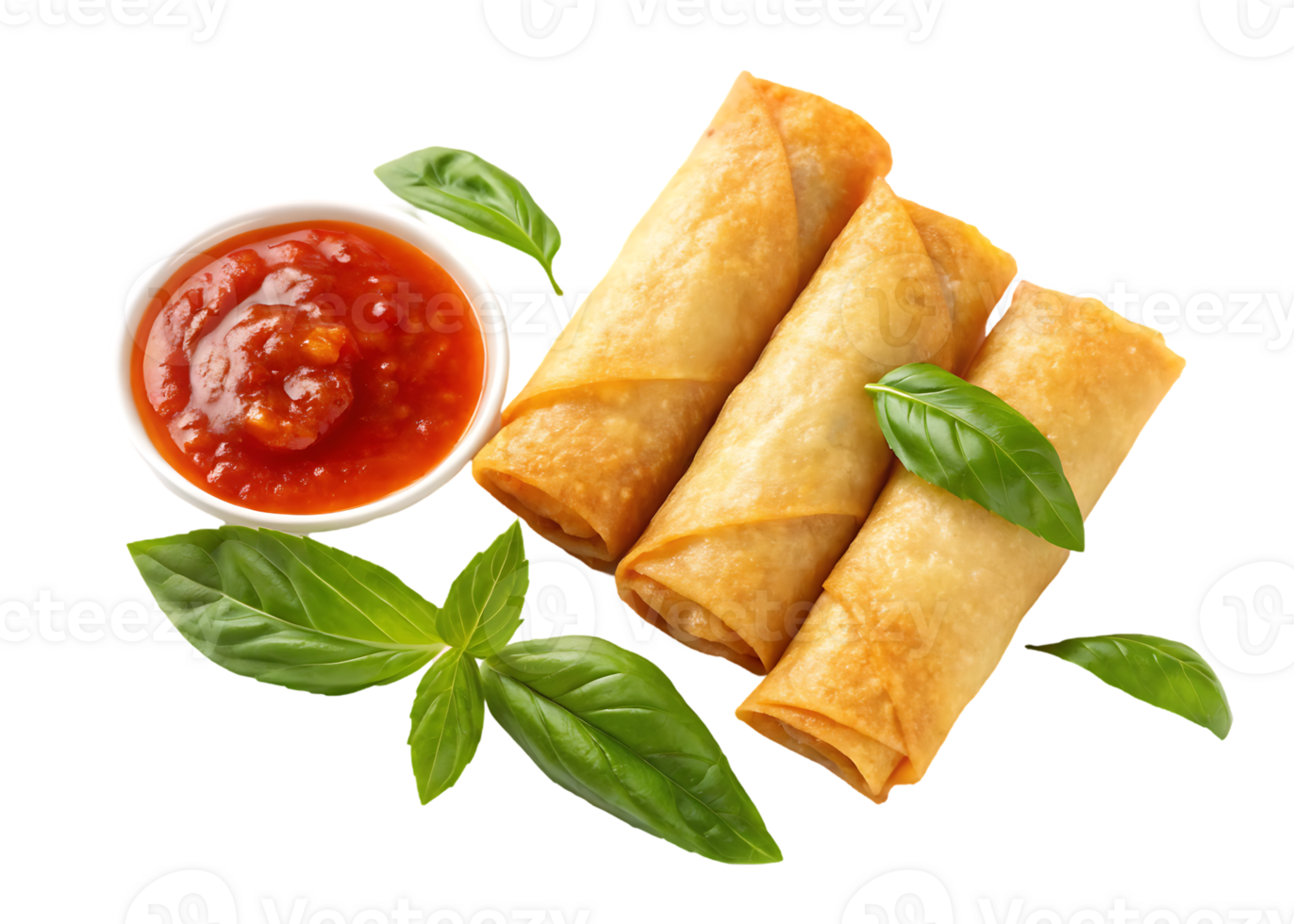 Delicious crispy spring rolls with sweet chili sauce. png