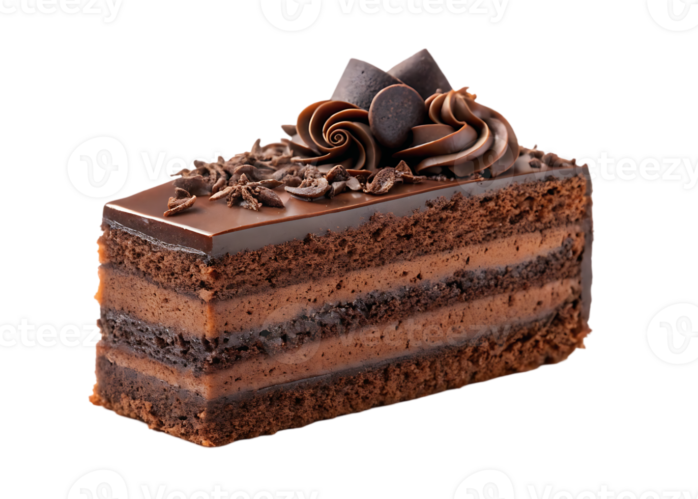 Delicious chocolate cake slice with frosting and chocolate shavings. png