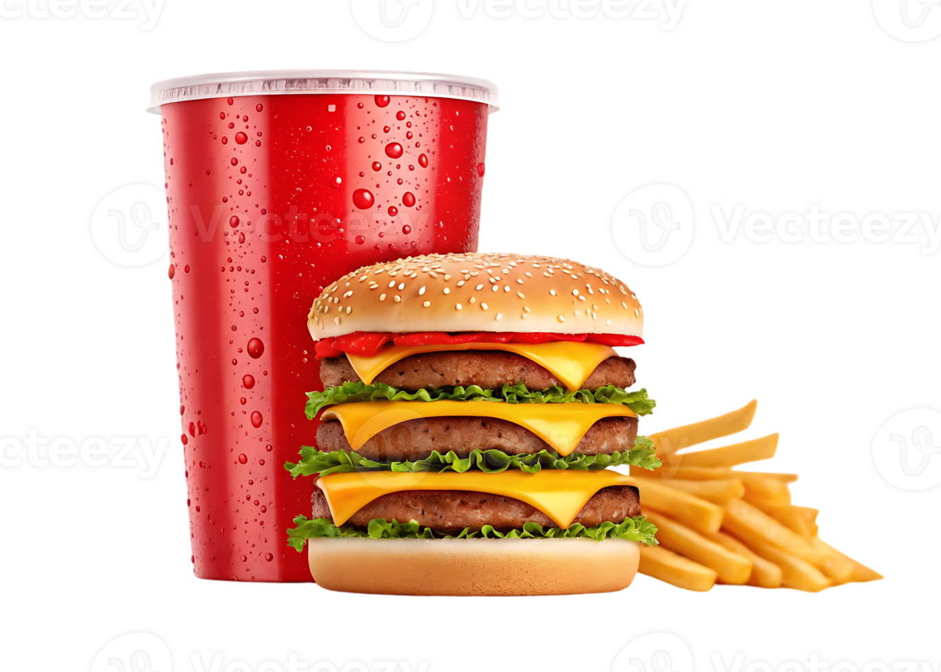 Triple cheeseburger, fries, and soda. png