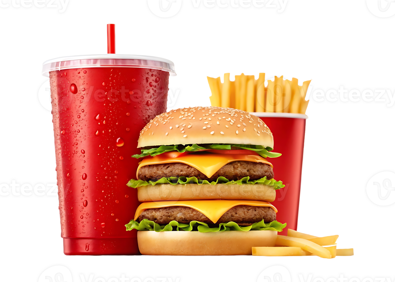 Realistic Hamburger with Potatoes French Fries in Red Package Box png