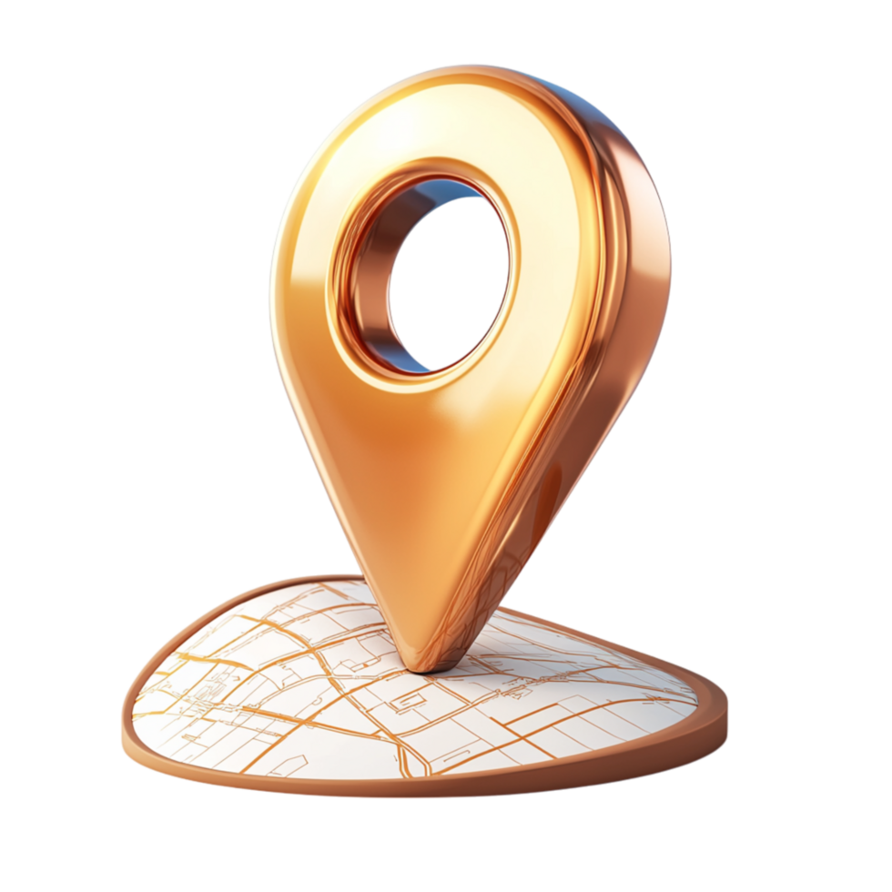 Golden location pin placed perfectly on a detailed geoal map indicating an important lmark or destination for easy navigation reference. png