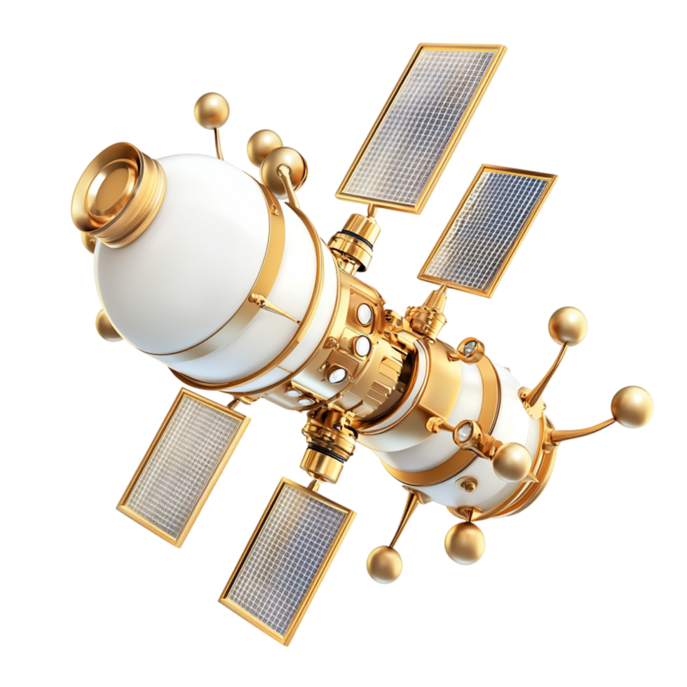 Golden satellite large intricate solar panels floating beautifully in outer space collecting transmitting crucial scientific ta efficiently. png