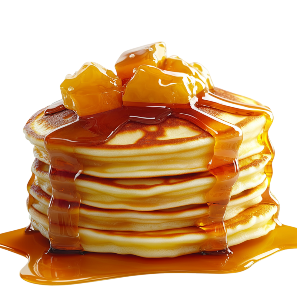 Stack of golden fluffy pancakes topped caramelized peach slices drizzled syrup making a mouthwatering breakfast treat for everyone. png