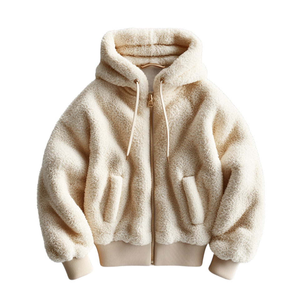 Cozy beige fluffy jacket a soft warm texture hanging beautifully making it perfect for cold winter ys nights. png
