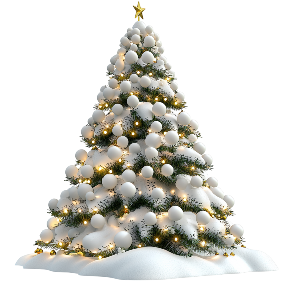 Beautifully decorated Christmas tree covered in white snow adorned twinkling golden lights elegant ornaments spreading holiy cheer everywhere. png