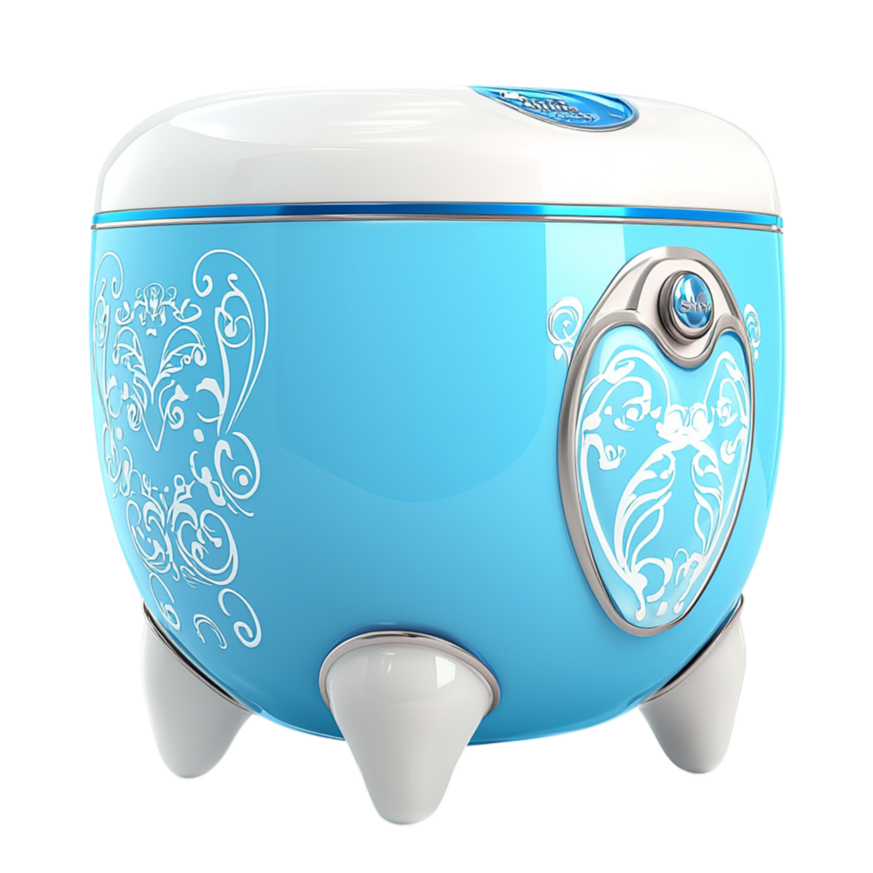 Stylish blue mini fridge elegant white floral patterns designed for storing beverages snacks while adding charm to any modern kitchen. png